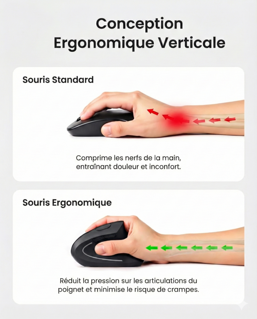 Schéma comparatif douleur poignet souris classique rouge vs souris ergonomique verticale verte alignement naturel